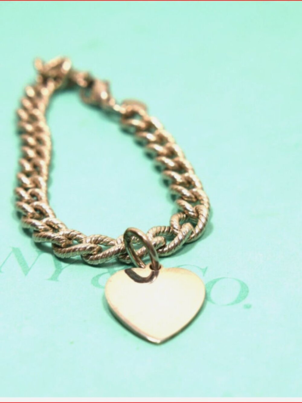 Tiffany & Co Textured Oval Link Heart Charm Bracelet Sterling Silver Vintage